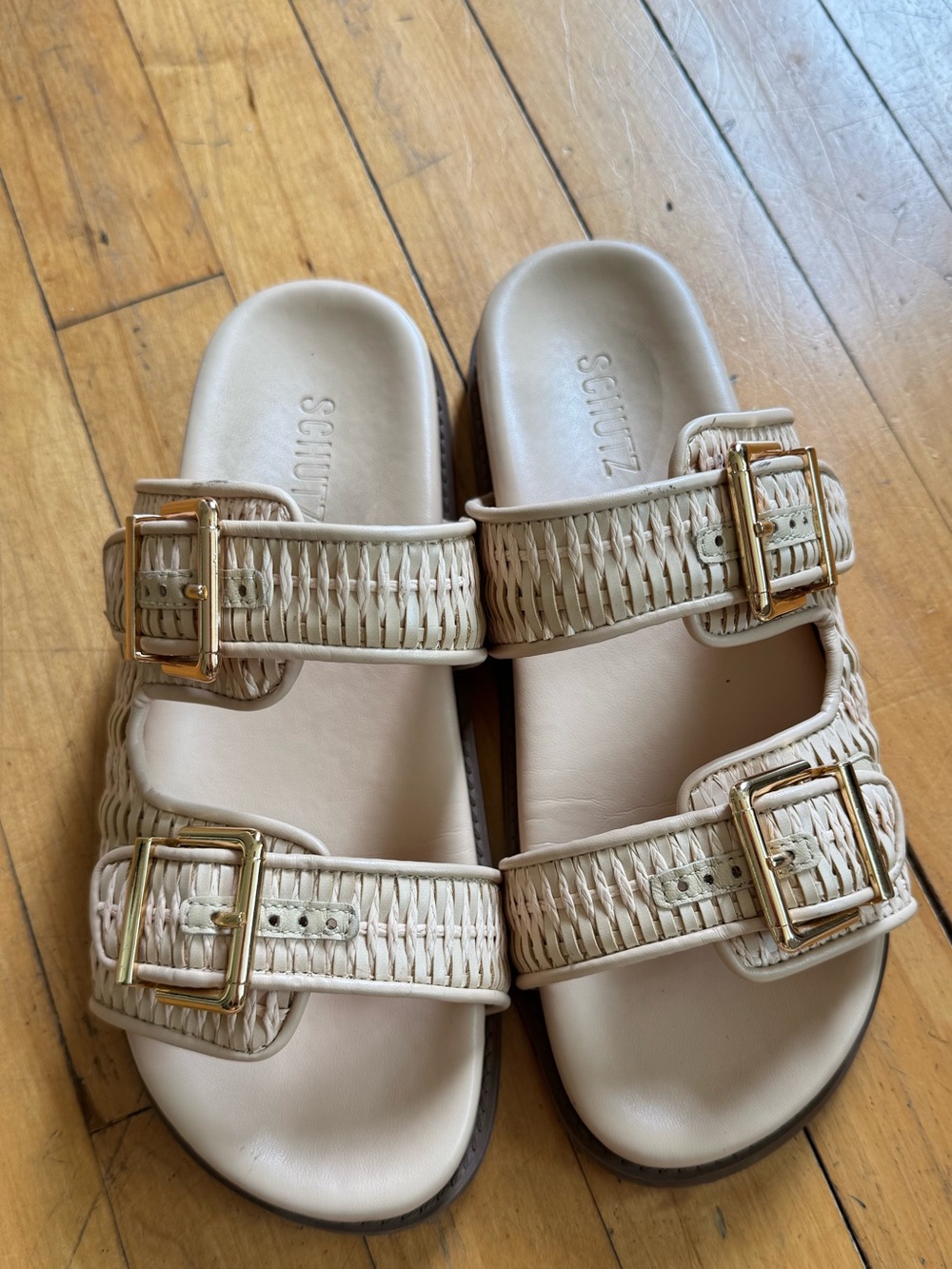 SCHUTZ Neutral Beige Woven Double-Buckle Slide Sandals size 8.5
